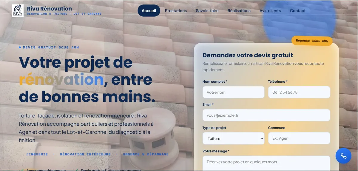 Page d'accueil du site Riva Rénovation